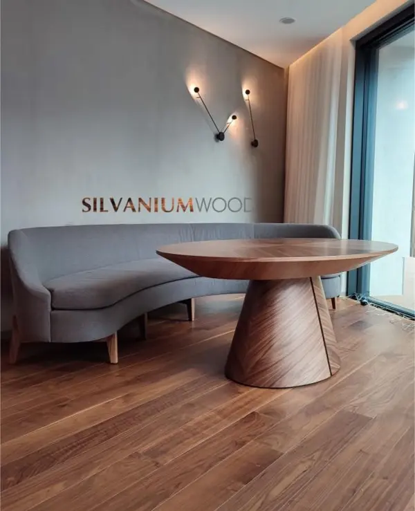 Custom designed, extendable walnut veneered oval dining table 120x190 cm, and for extension 3x50x120 cm
